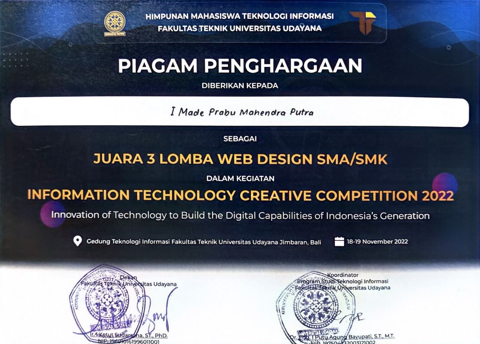 Juara 3 Lomba Web Design SMA/SMK, Information Technology Creative Competition (ITCC) 2022