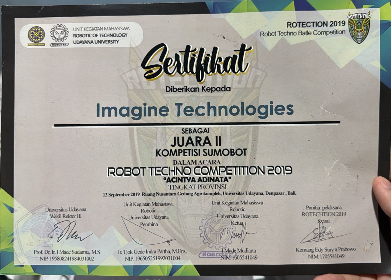 Juara II Kompetisi Sumobot Tingkat Provinsi, Robot Techno Competition ROTECHTION 2019 "Acintya Adinata"